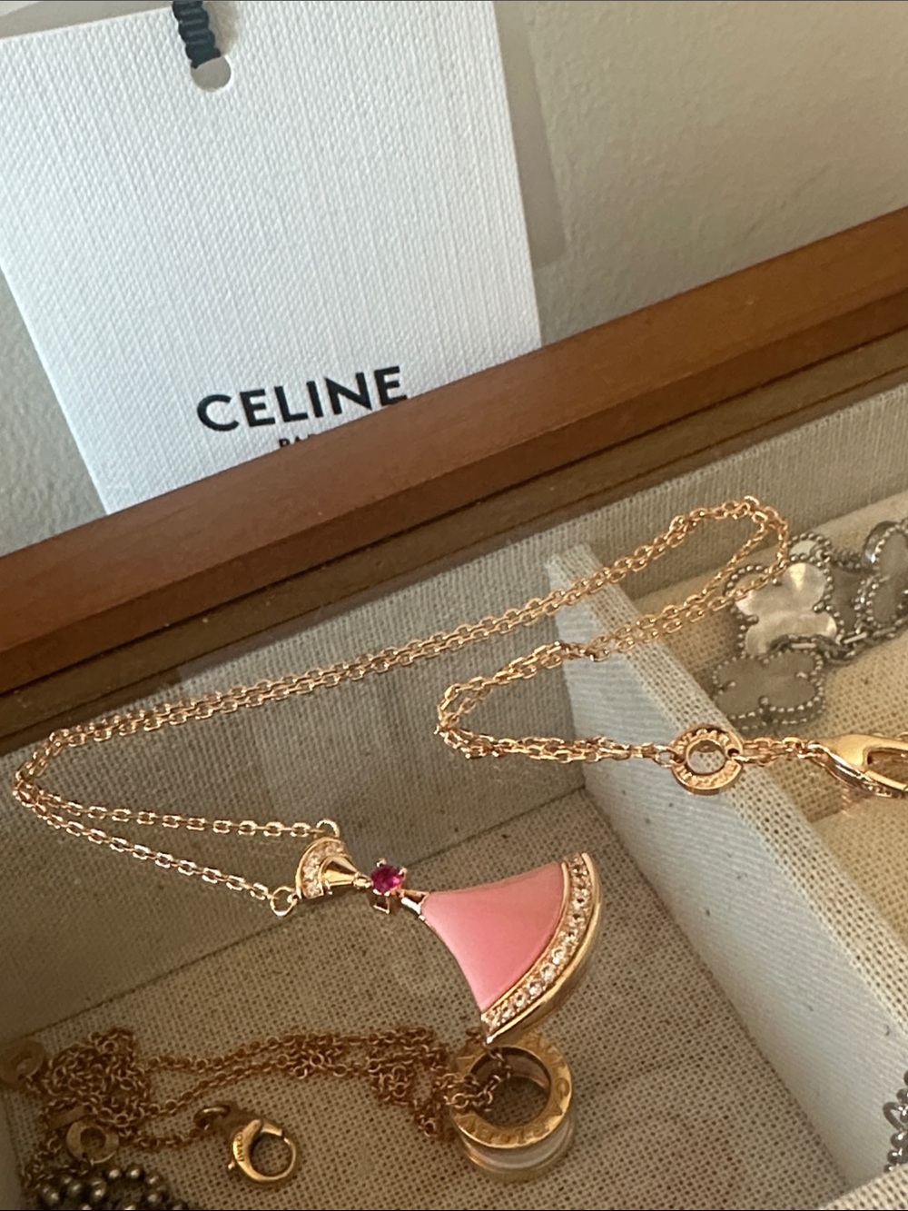 Pink Enamel Bell Pendant Necklace with Gold Chain